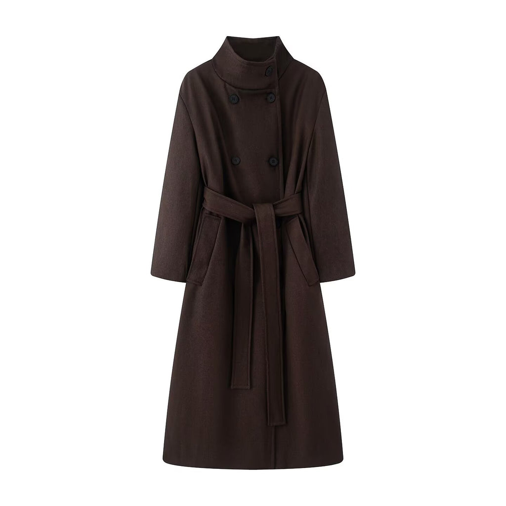 Women oversized wool blend coat with stand-up collar and tie belt Fashion Glam