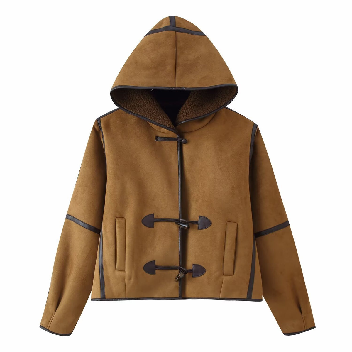 Women's Short Hooded Sheepskin Imitation Duffle Jacket with Toggle Fastenings Fashion Glam