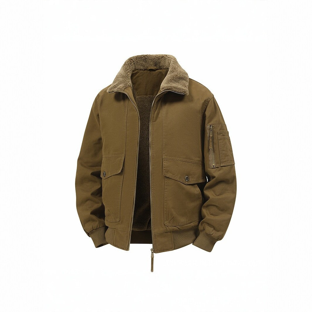 Men's Military Inspired Thermal Bomber Jacket with Teddy Lining, Arm Pocket and Snap Flap Pockets Fashion Glam