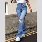 Ladies High-Waisted Flared Jeans in Retro Cut with Knee Rip and Extended Hem Fashion Glam