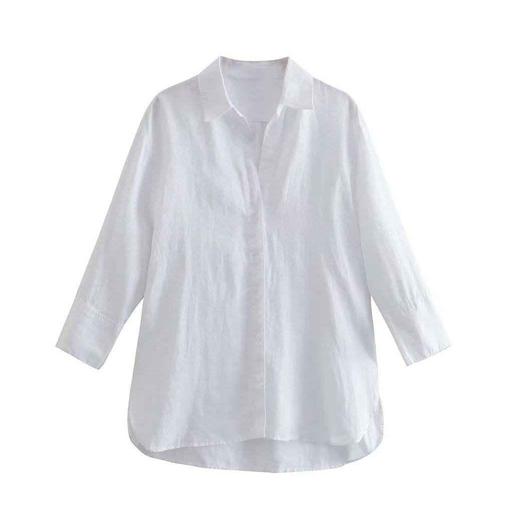 Women's Lightweight Oversized Shirt with High Back Hem, Linen Look and Concealed Button Placket Fashion Glam