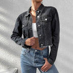 Women's cropped fitted denim jacket with raw fringe hem and flap pockets Fashion Glam