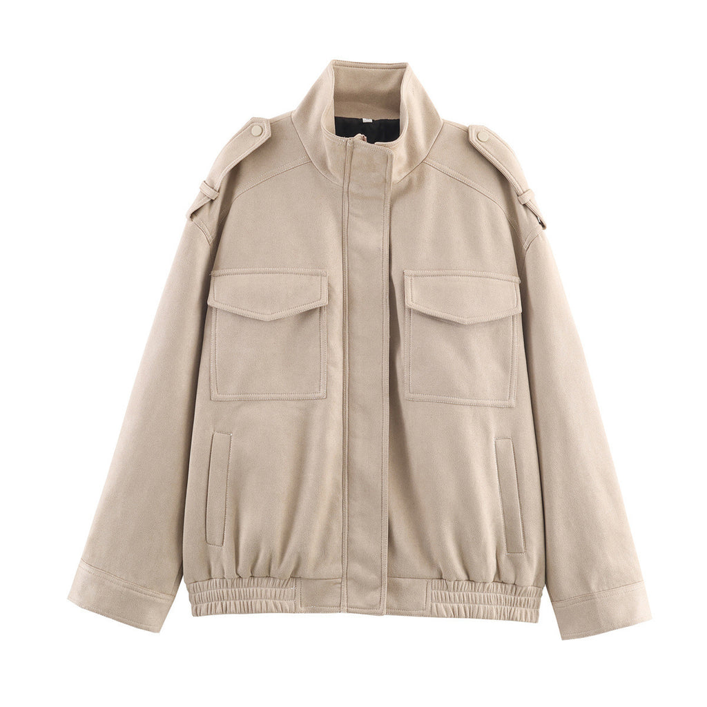 Women's short jacket in utility bomber style with flap pockets, shoulder tabs, and elastic hem Fashion Glam
