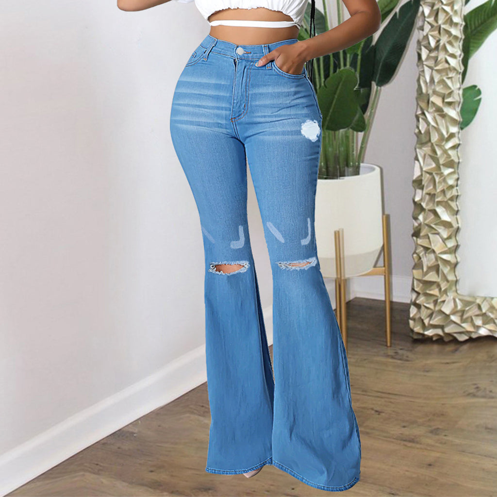 Women's high-waisted flared pants made of stretch denim with knee rips and shaping waistband Fashion Glam