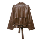 Women's leather trench coat with belt, shoulder flaps and oversized collar Fashion Glam