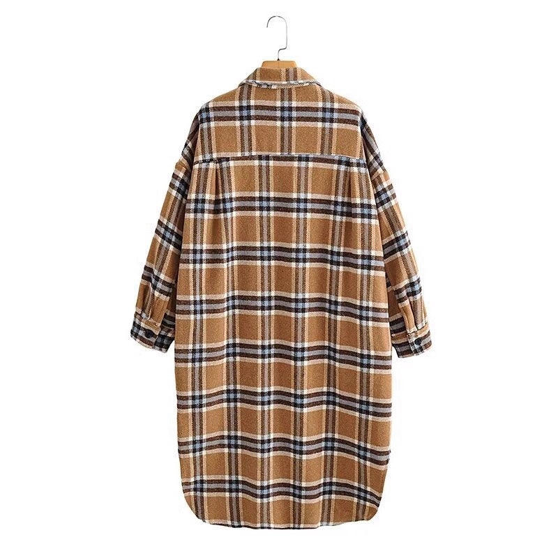 Women's Oversize Check Shirt Jacket in Longline Cut with Patch Chest Pockets Fashion Glam