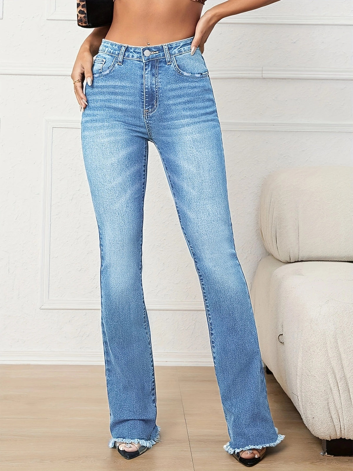 Women High-Waist Vintage Flared Jeans with Sculpting Stretch Waistband and Raw Frayed Hem Fashion Glam
