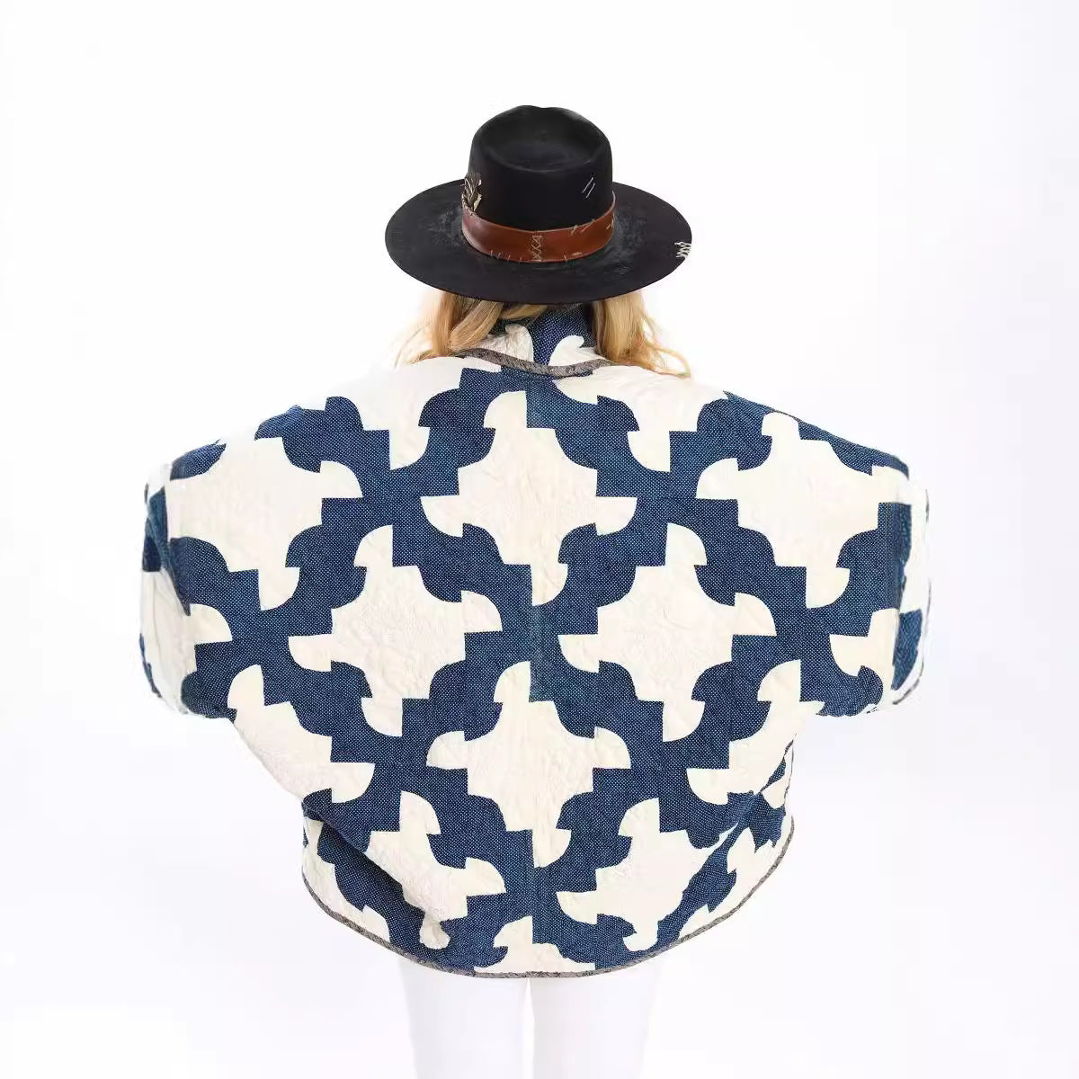 Women's Quilted Patchwork Jacket with Boxy Oversized Silhouette and Wide Kimono Sleeves Fashion Glam