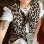 Women's Sleeveless Knit Vest with Leopard Print and Decorative Ties Fashion Glam