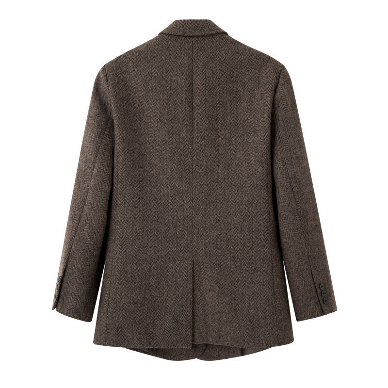 Women Double-breasted Oversized Tweed Blazer with Houndstooth Pattern Fashion Glam