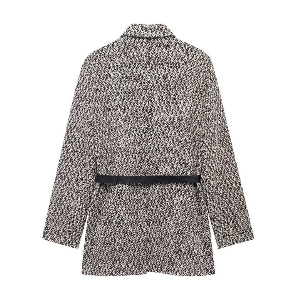 Women's Longline Tweed Blazer with Flap Pockets and Waist Belt Fashion Glam