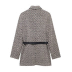 Women's Longline Tweed Blazer with Flap Pockets and Waist Belt Fashion Glam
