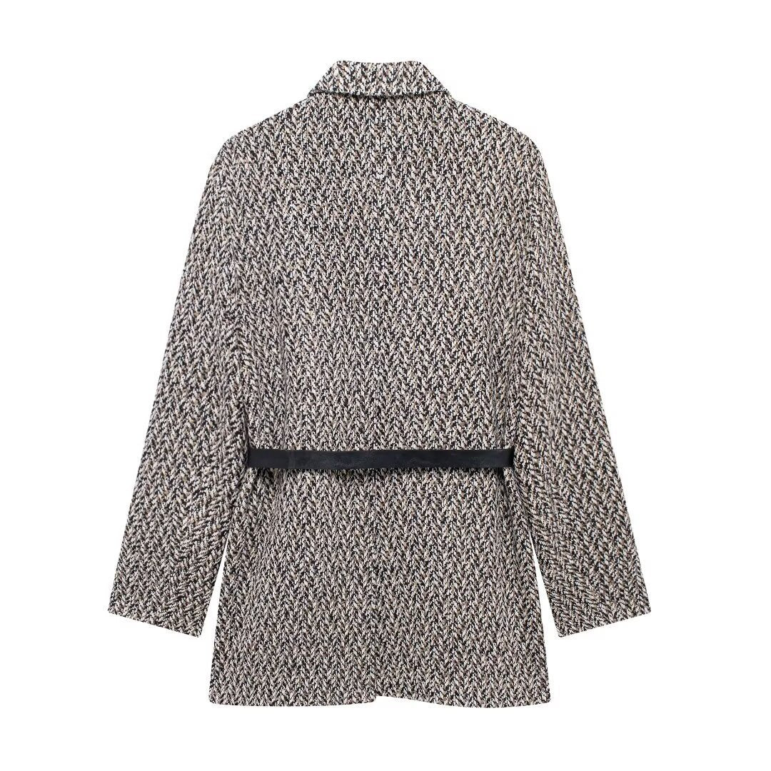 Women's Longline Tweed Blazer with Flap Pockets and Waist Belt Fashion Glam