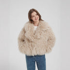 Women Short Boxy Faux Fur Bolero with Long Pile and Voluminous Shawl Collar Fashion Glam