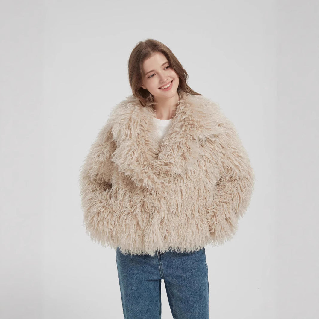 Women Short Boxy Faux Fur Bolero with Long Pile and Voluminous Shawl Collar Fashion Glam
