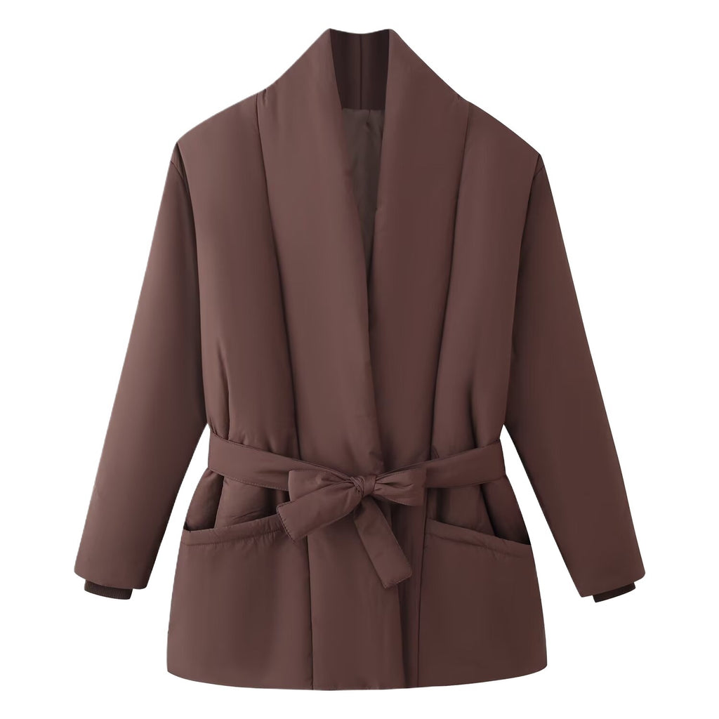 Ladies Quilted Short Jacket with Shawl Collar and Waist Belt Fashion Glam