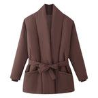 Ladies Quilted Short Jacket with Shawl Collar and Waist Belt Fashion Glam