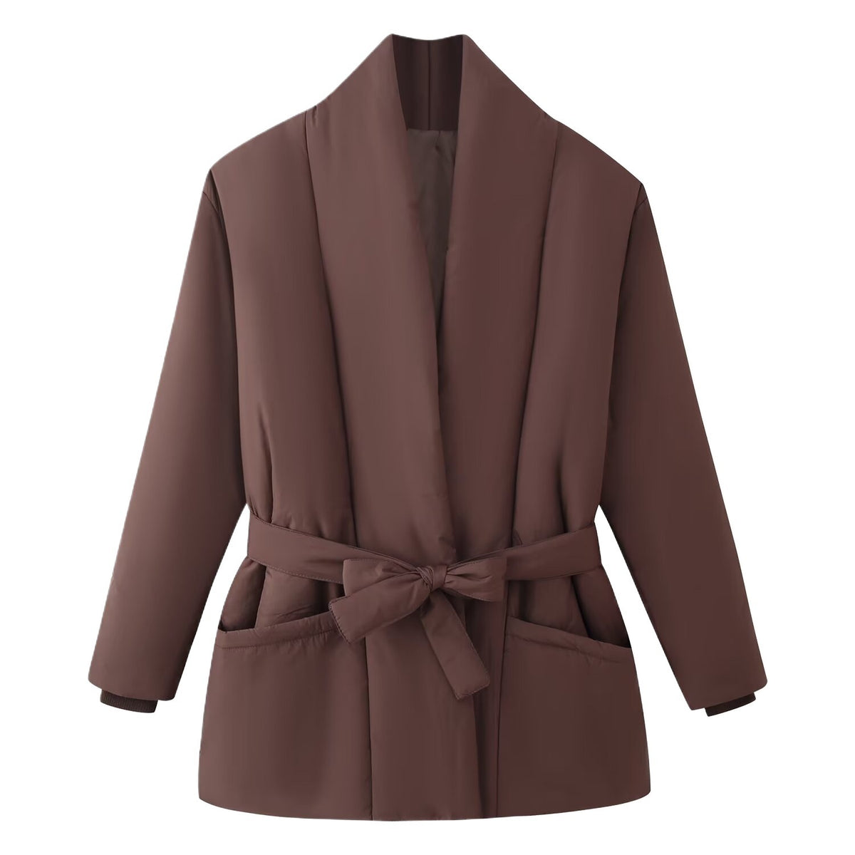 Ladies Quilted Short Jacket with Shawl Collar and Waist Belt Fashion Glam