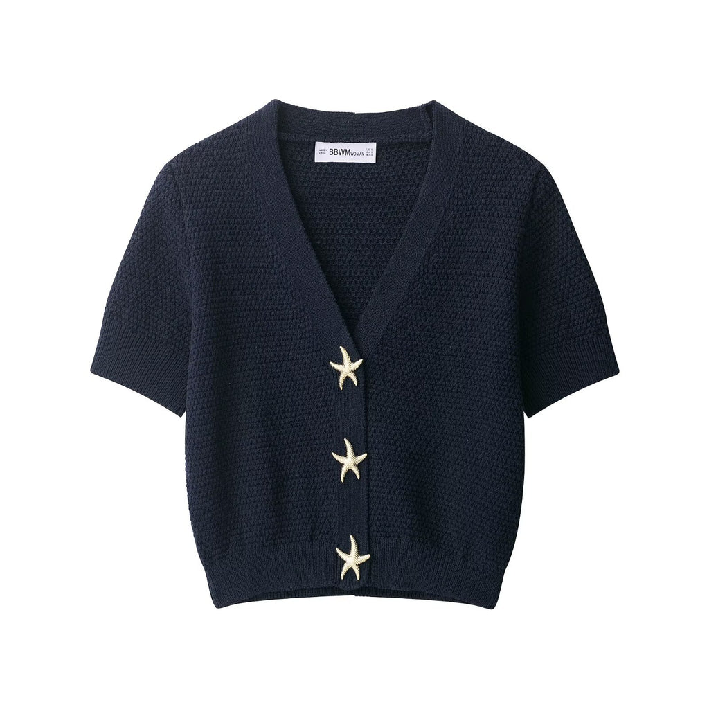 Women's Short-Sleeved Textured Knit Cardigan with V-Neck and Starfish Buttons Fashion Glam