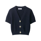Women's Short-Sleeved Textured Knit Cardigan with V-Neck and Starfish Buttons Fashion Glam