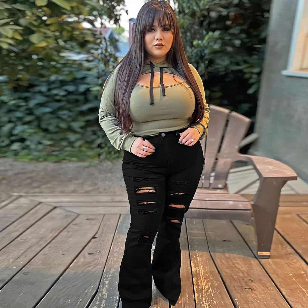 Women High-Waisted Destroyed Flared Jeans with Raw Hem and Fringe Details Fashion Glam