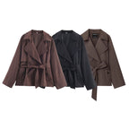 Ladies Cropped Trench Coat with Shawl Collar, Tie Belt and Flap Pockets Fashion Glam