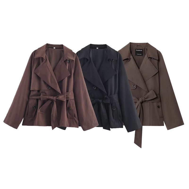 Ladies Cropped Trench Coat with Shawl Collar, Tie Belt and Flap Pockets Fashion Glam