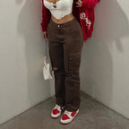 Women's cargo jeans with high waist, straight leg, knee rips, and patch cargo pockets Fashion Glam