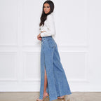 Women's high-cut jeans with wide leg, knee rips, and side leg slits Fashion Glam