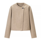 Women's short-cut boxy wool blend blazer with asymmetrical button placket Fashion Glam