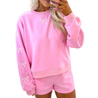 Women's cozy lounge sweat set with shorts and embroidered bows Fashion Glam