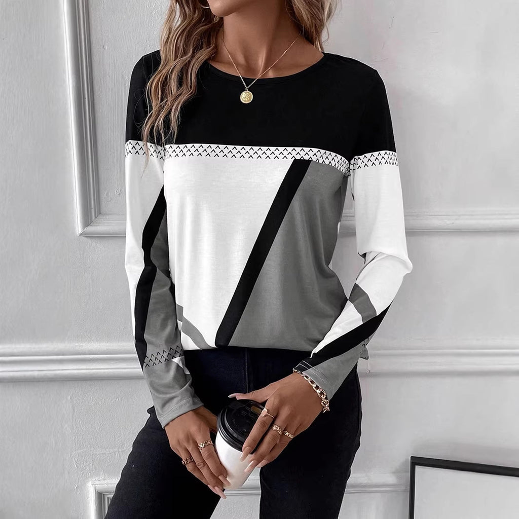 Women's Long Sleeve Shirt with Graphic Colorblock Design and Round Neck Fashion Glam
