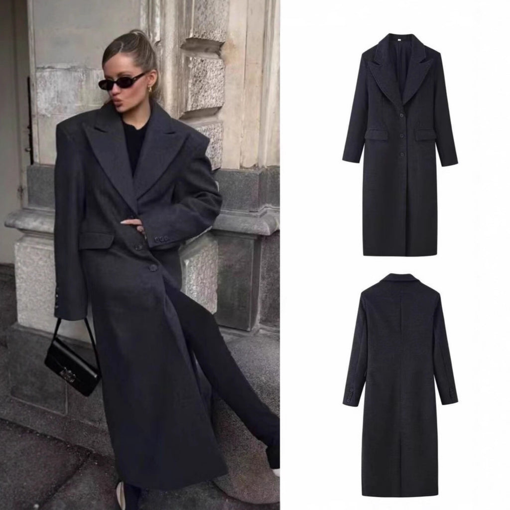 Women Longline Wool Blend Coat with Distinctive Lapels, Tailored Darts, and Flap Pockets Fashion Glam