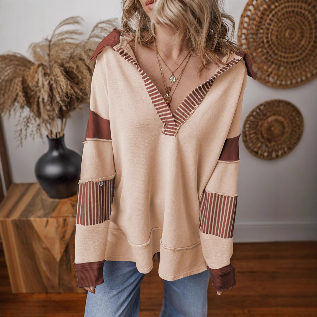 Women’s oversized sweatshirt with deep V-neck, striped inner collar and contrast sleeves Fashion Glam