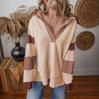 Women’s oversized sweatshirt with deep V-neck, striped inner collar and contrast sleeves Fashion Glam