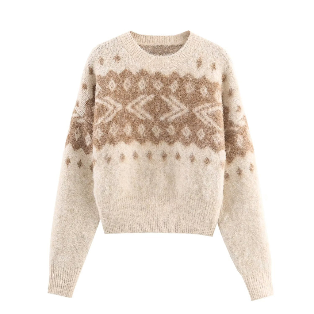 Women's Fluffy Knitted Sweater with Norwegian Pattern and Boxy Fit Fashion Glam