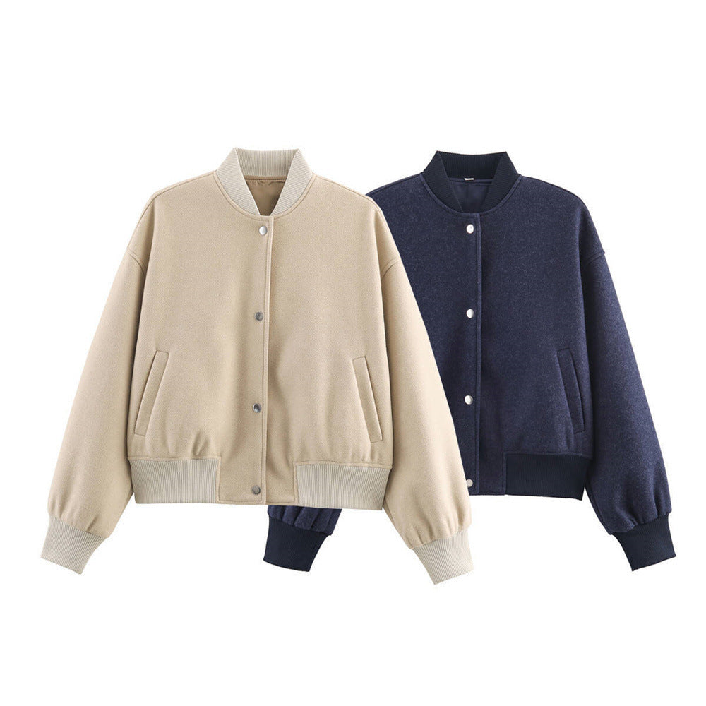 Ladies short boxy bomber jacket with ribbed collar, snap button closure, and pockets Fashion Glam