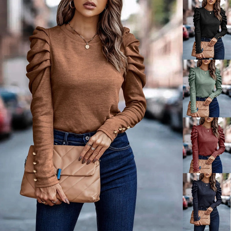 Women's long sleeve shirt with gathered puff sleeves and form-fitting silhouette Fashion Glam