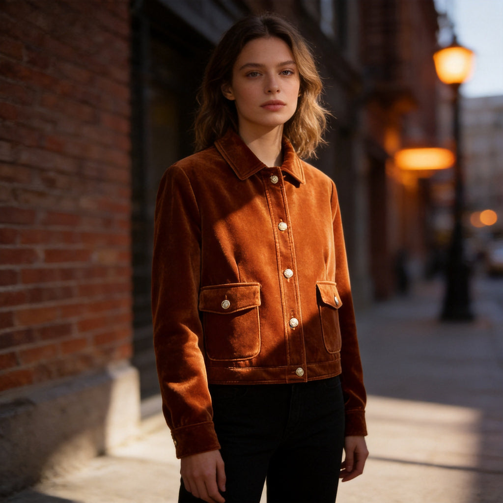 Women's short-cut velvet jacket in blouson style with flap pockets and decorative button placket Fashion Glam