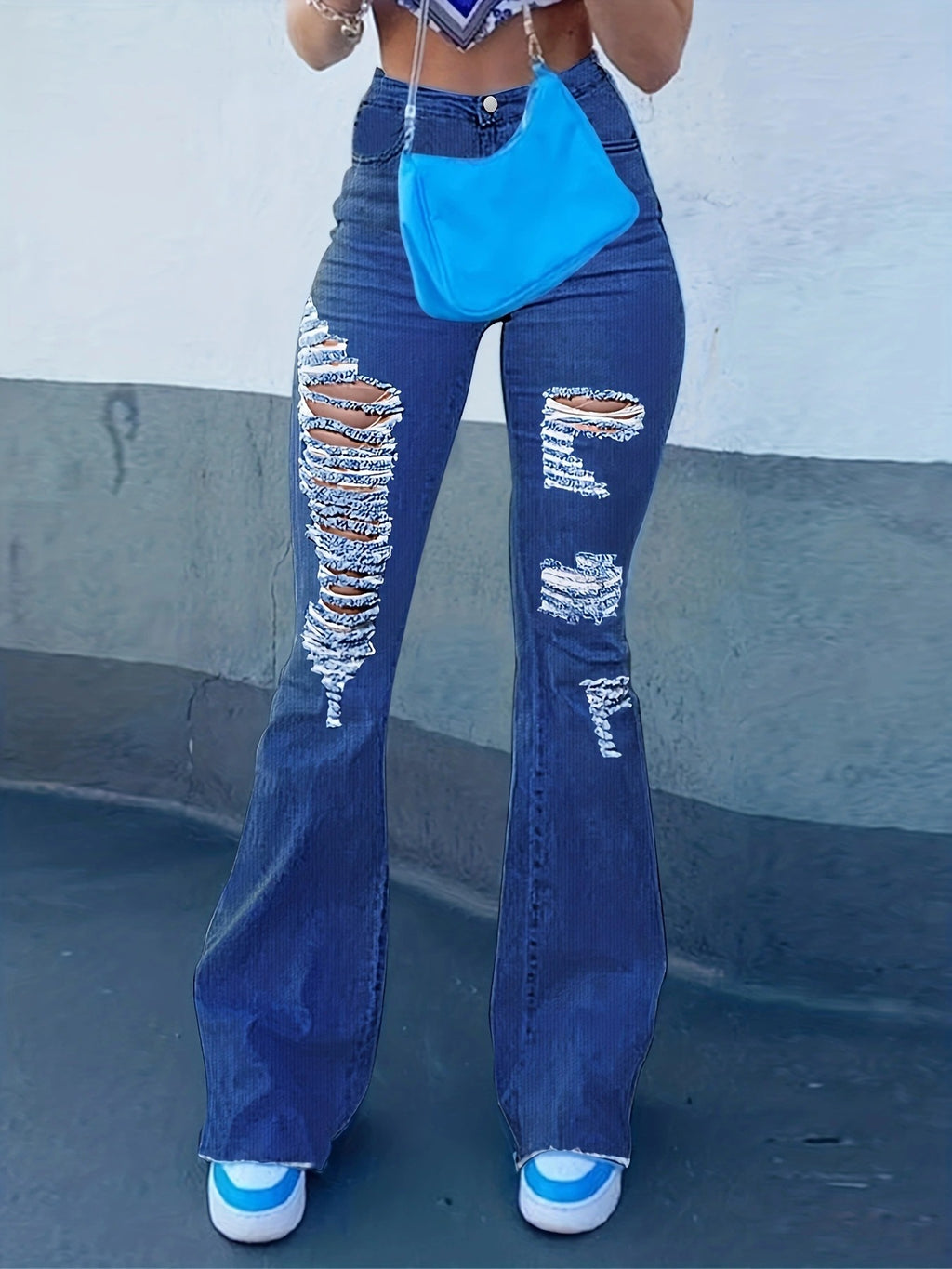 Ladies High-Waist Flared Jeans with large distressed rips and sculpting comfort waistband Fashion Glam