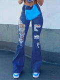Ladies High-Waist Flared Jeans with large distressed rips and sculpting comfort waistband Fashion Glam