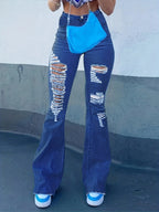 Ladies High-Waist Flared Jeans with large distressed rips and sculpting comfort waistband Fashion Glam