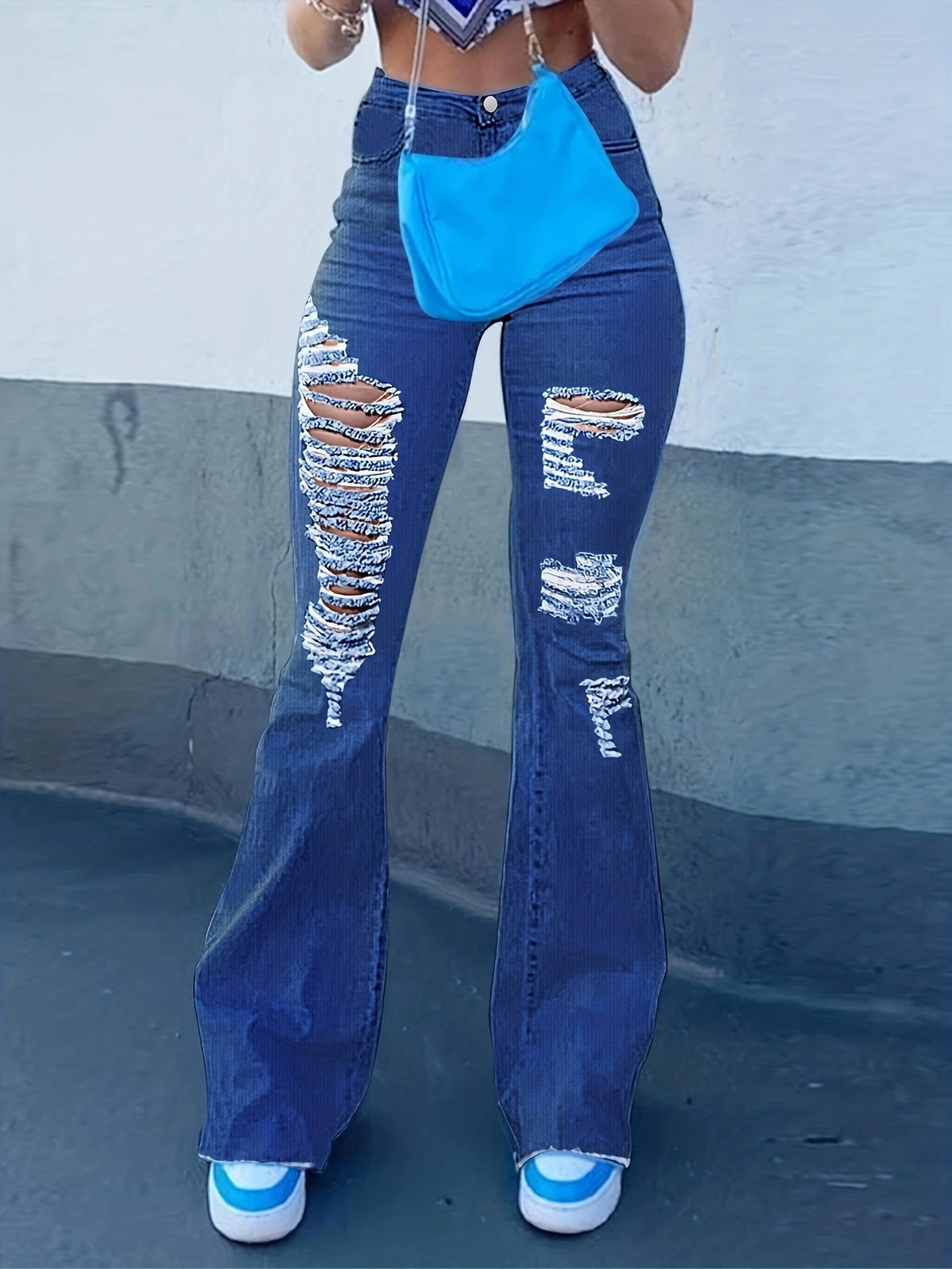 Ladies High-Waist Flared Jeans with large distressed rips and sculpting comfort waistband Fashion Glam