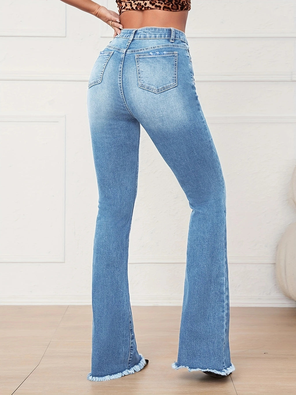 Women High-Waist Vintage Flared Jeans with Sculpting Stretch Waistband and Raw Frayed Hem Fashion Glam