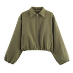 Women short jacket made of vegan leather with Kent collar, full-length zipper and gathered hem Fashion Glam