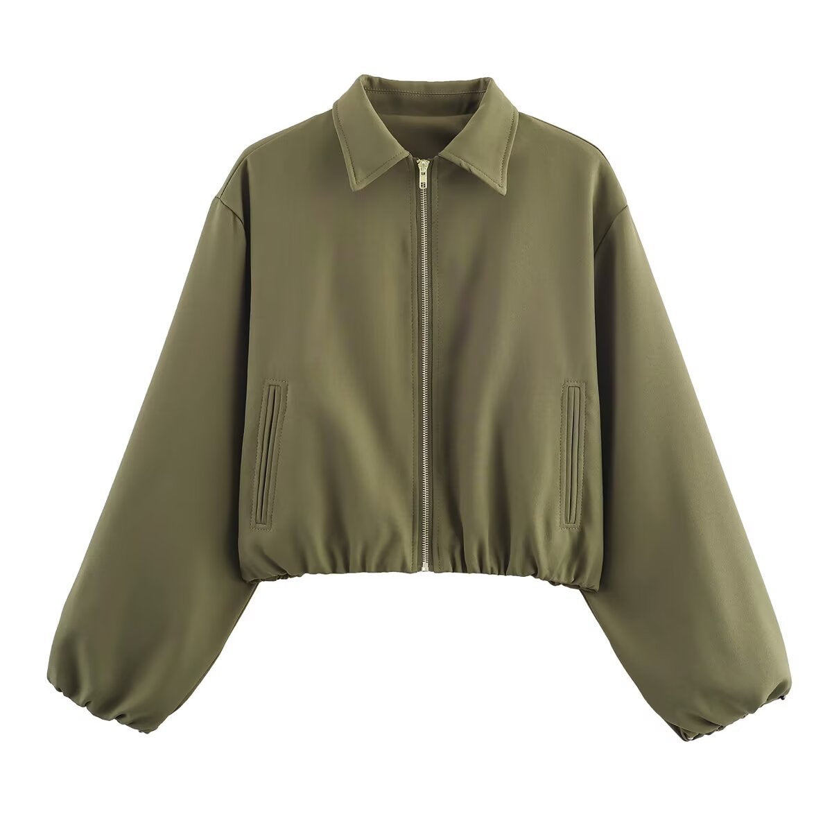 Women short jacket made of vegan leather with Kent collar, full-length zipper and gathered hem Fashion Glam