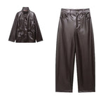 Women's Oversized Faux Leather Jacket with High Stand Collar, Waist Drawstring and Flap Pockets Fashion Glam
