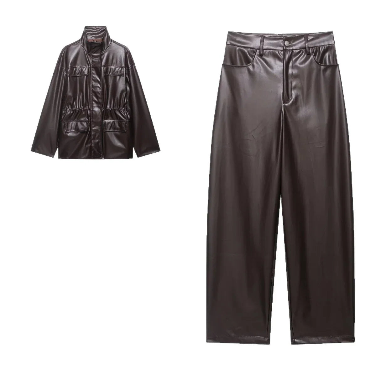 Women's Oversized Faux Leather Jacket with High Stand Collar, Waist Drawstring and Flap Pockets Fashion Glam