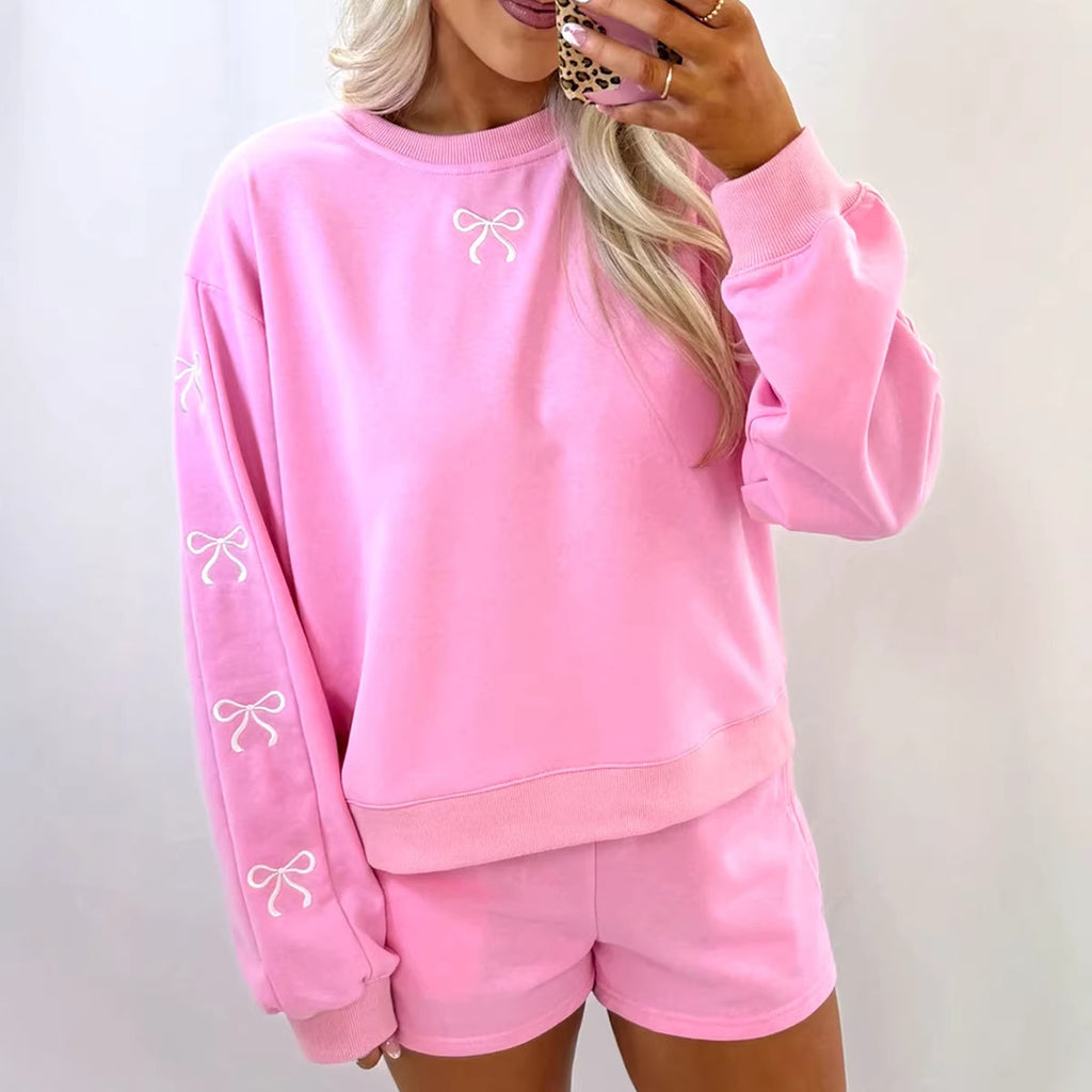 Women's cozy lounge sweat set with shorts and embroidered bows Fashion Glam