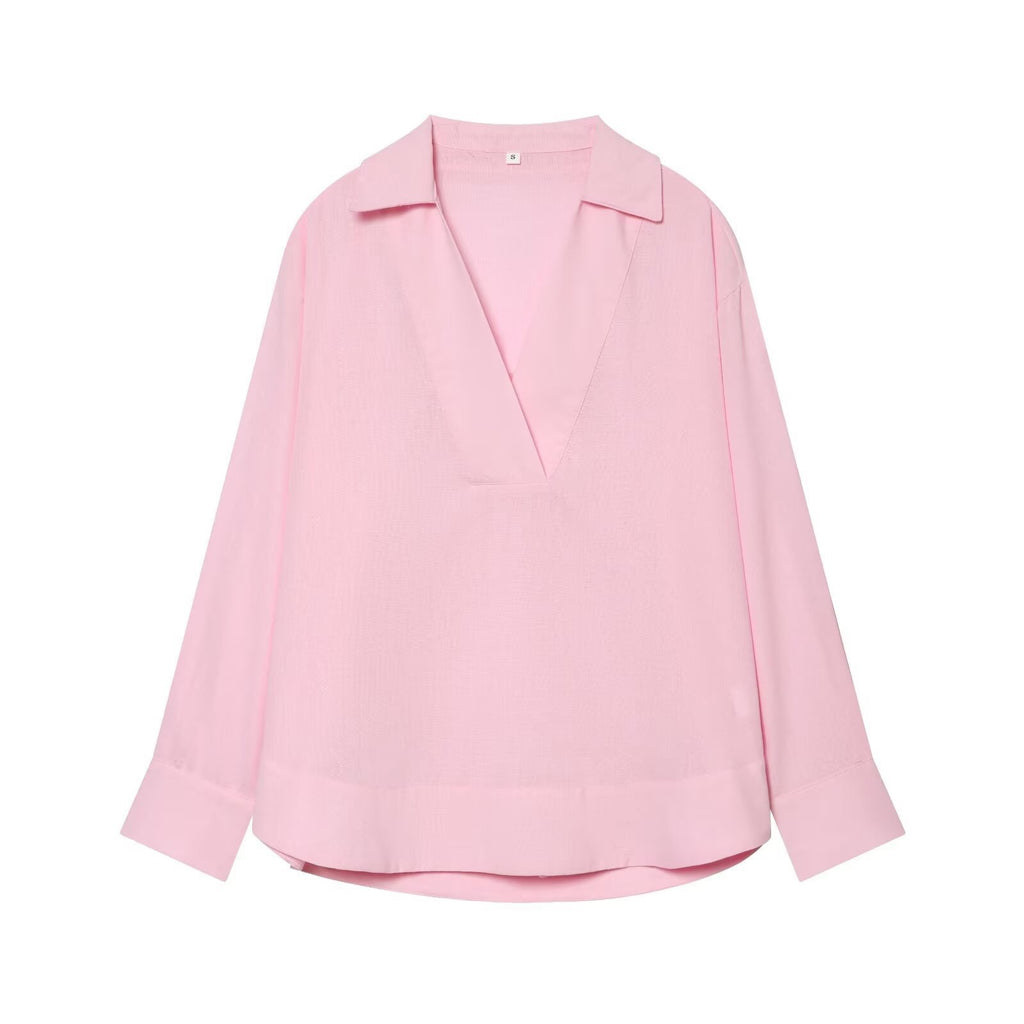 Women's loose linen look tunic with deep V-neck and shirt collar Fashion Glam